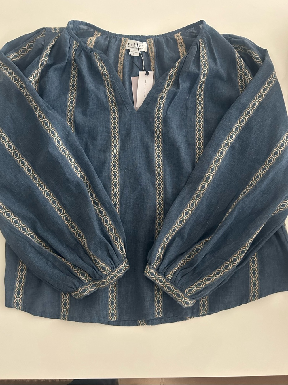 Velvet by Graham & Spencer Indigo Embroidered V-Neck Peasant Blouse